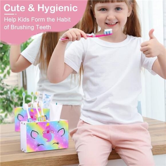 Kids Toothbrush Holder Bathroom Organizer 3 Slot Toothpaste Storage Unicorn Merm - Picture 2 of 7